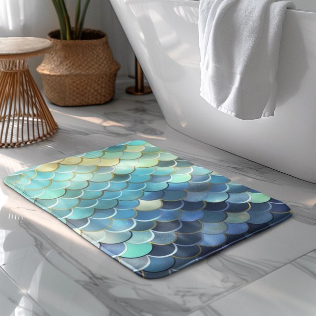 Fish Scale Pattern Blue Sky Background Golden Bath Mat (Creator Uploaded)