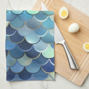Fish Scale Pattern Blue Sky Background Golden Kitchen Towel