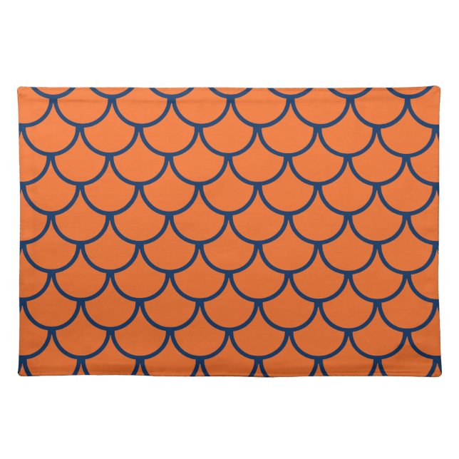 Fish Scales Pattern: Navy Blue & Orange Cloth Placemat (Front)
