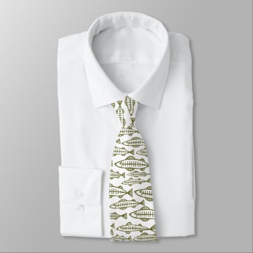 Fish School _ Olive Drab on White Neck Tie