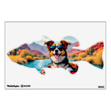 Fish Shaped Wall Decal with Cartoon Dog Boat