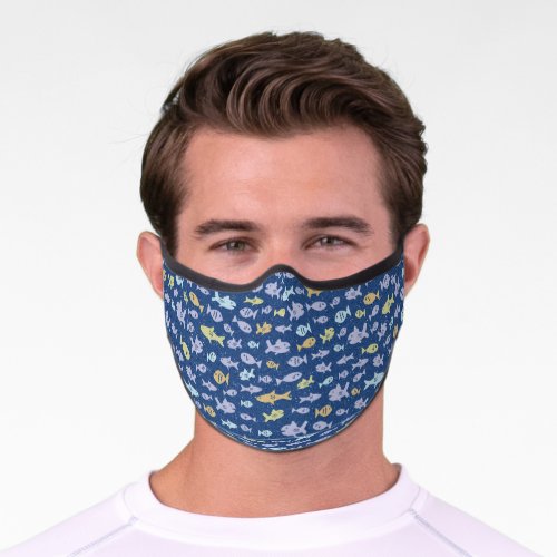 Fish Swimming Cute Nautical Pattern in Navy Blue Premium Face Mask