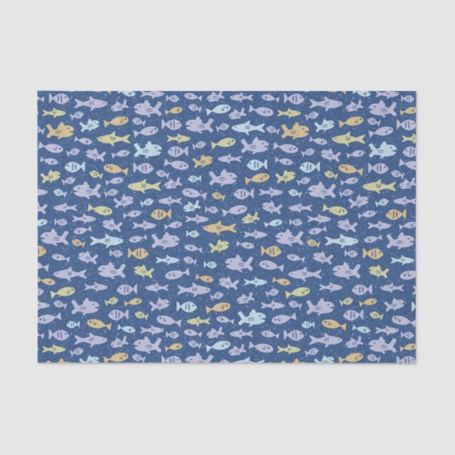 Fish Swimming Cute Nautical Pattern in Navy Blue Tissue Paper (Front)