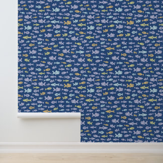 Fish Swimming Cute Nautical Pattern in Navy Blue Wallpaper