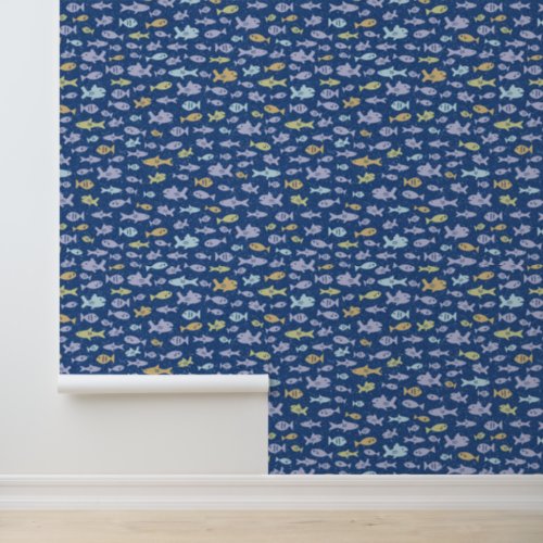 Fish Swimming Cute Nautical Pattern in Navy Blue Wallpaper