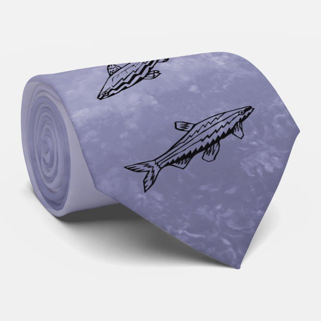 Fish Swimming Gray Ocean Black Line Art Necktie (Rolled)