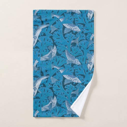 Fish Swimming Seaweed Coral Blue Vintage Classic Hand Towel