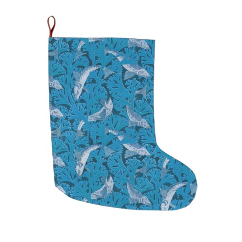 Fish Swimming Seaweed Coral Blue Vintage Classic Large Christmas Stocking