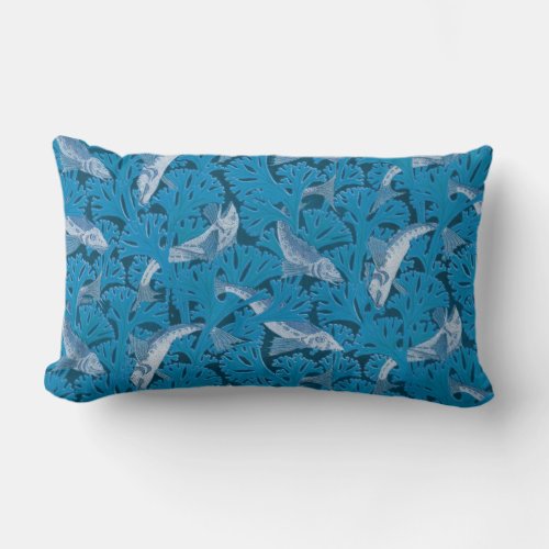 Fish Swimming Seaweed Coral Blue Vintage Classic Lumbar Pillow