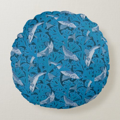 Fish Swimming Seaweed Coral Blue Vintage Classic Round Pillow