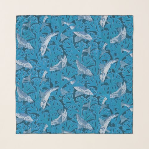 Fish Swimming Seaweed Coral Blue Vintage Classic Scarf