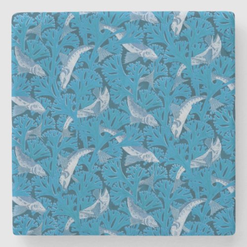 Fish Swimming Seaweed Coral Blue Vintage Classic Stone Coaster