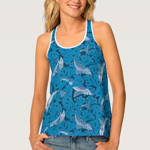 Fish Swimming Seaweed Coral Blue Vintage Classic Tank Top