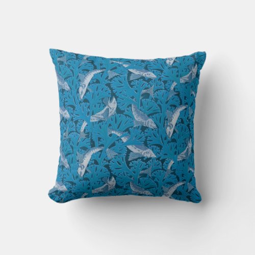 Fish Swimming Seaweed Coral Blue Vintage Classic Throw Pillow