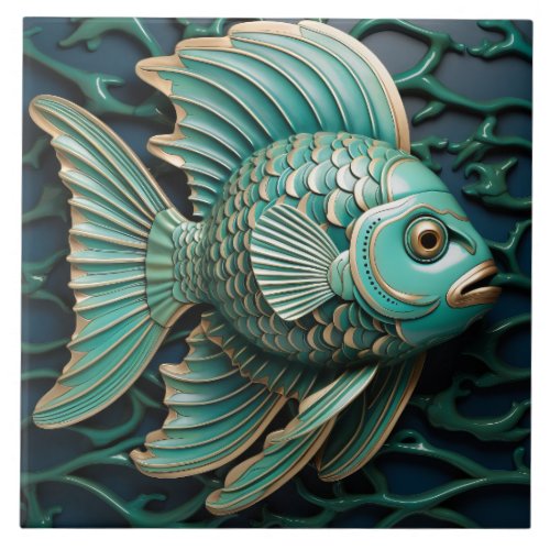 Fish Teal Green and Copper Marine Life Aquatic Ceramic Tile