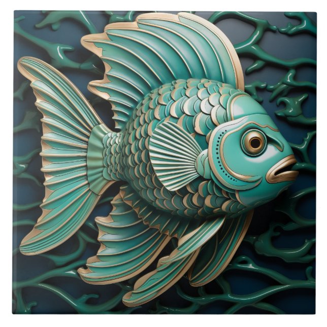 Fish Teal Green and Copper Marine Life Aquatic Ceramic Tile (Front)