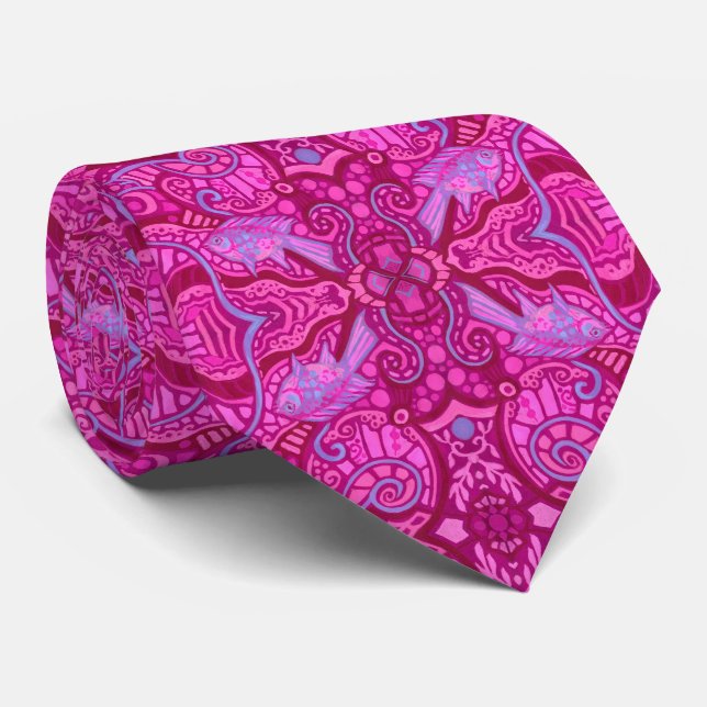 Fish Underwater Bohemian Arabesque Pattern Magenta Neck Tie (Rolled)
