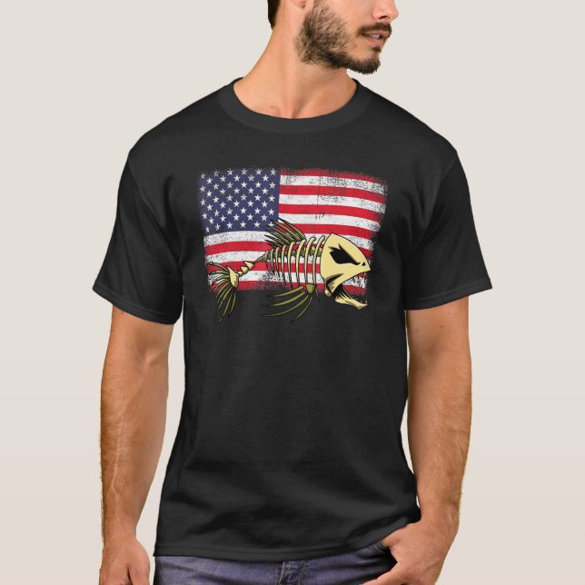 Fish Usa Flag Tee Skeleton Fish Bone Tees Sharp Te (Front)
