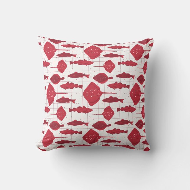 Fish Varieties Red and White Illustrated Throw Pillow (Front)