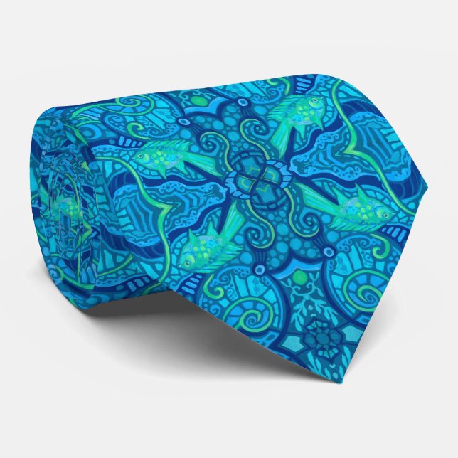 Fish Waves Underwater Bohemian Arabesque Pattern Neck Tie (Rolled)
