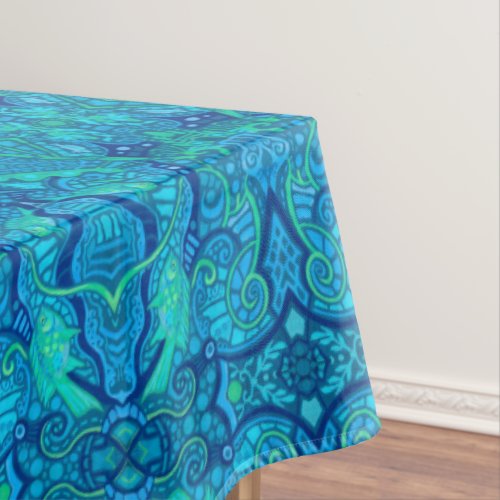 Fish Waves Underwater Bohemian Arabesque Pattern Tablecloth