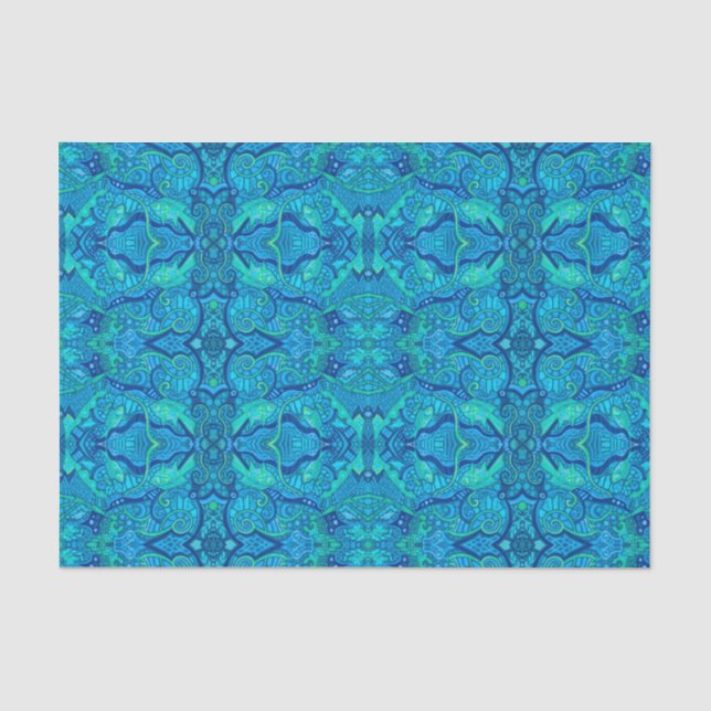 Fish Waves Underwater Bohemian Arabesque Pattern Tissue Paper (Front)