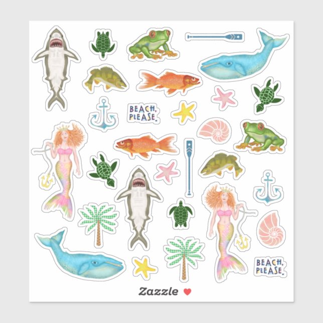 Fish Whales Mermaids Beach Ocean Nautical Sticker (Sheet)