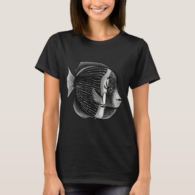 Fish With Eyelashes Black And White Digital Ink T-Shirt (Front)