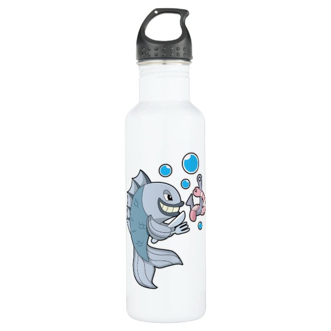 Fish with Fish hook & Worm Stainless Steel Water Bottle (Front)
