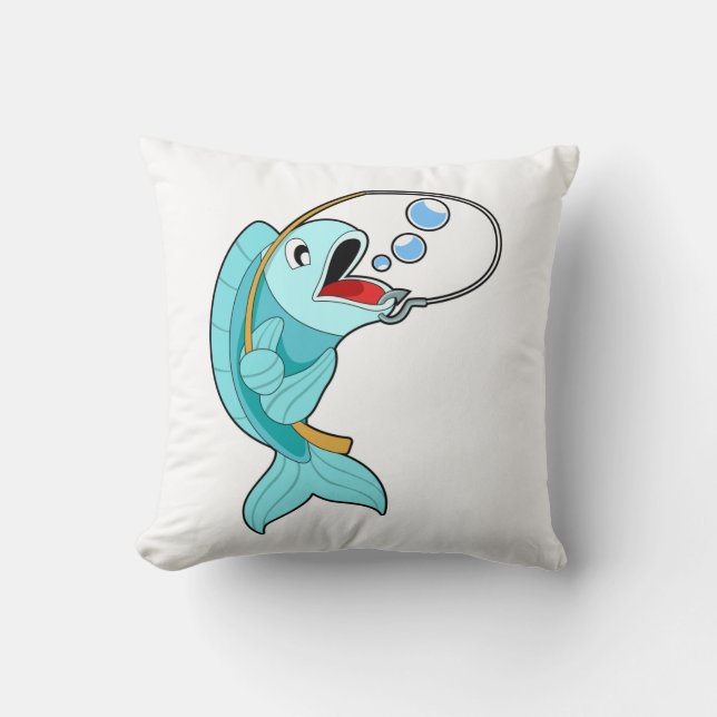 Fish with Fishing rod Throw Pillow (Front)