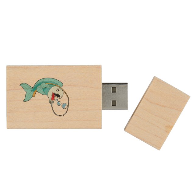 Fish with Fishing rod Wood Flash Drive (Opened)