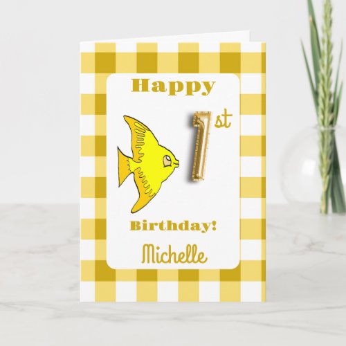 Fish  Yellow Gingham Balloon Number 1st Birthday Card