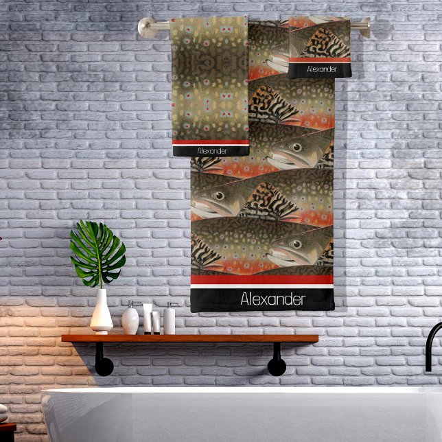 Fisherman Brook Trout Fish Design Black White Rust Bath Towel Set (Creator Uploaded)