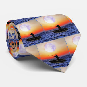 Fisherman Fishing Boat Sunset Water Neck Tie