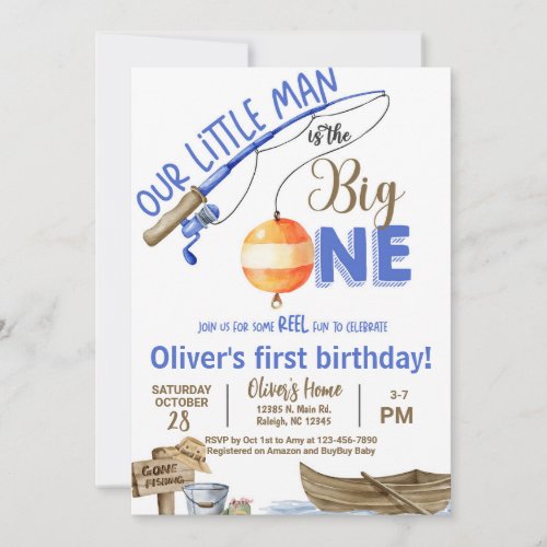Fisherman / fishing boy 1st birthday invitation.