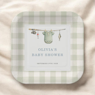 Fisherman Fishing Gingham Baby Shower Party Paper Plates