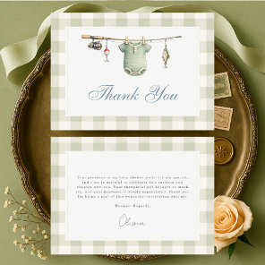 Fisherman Fishing Gingham Sage Green Baby Shower Thank You Card