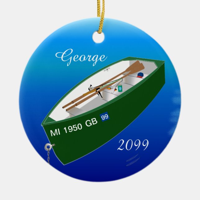 Fisherman Fishing Row Boat Rod Personalized Ceramic Ornament (Front)