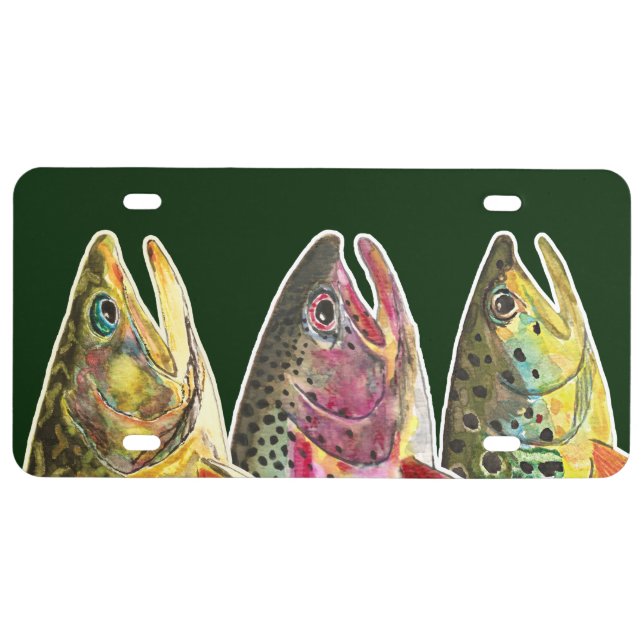 Fisherman Fly Fishing for Three Fat Trout License Plate (Front)