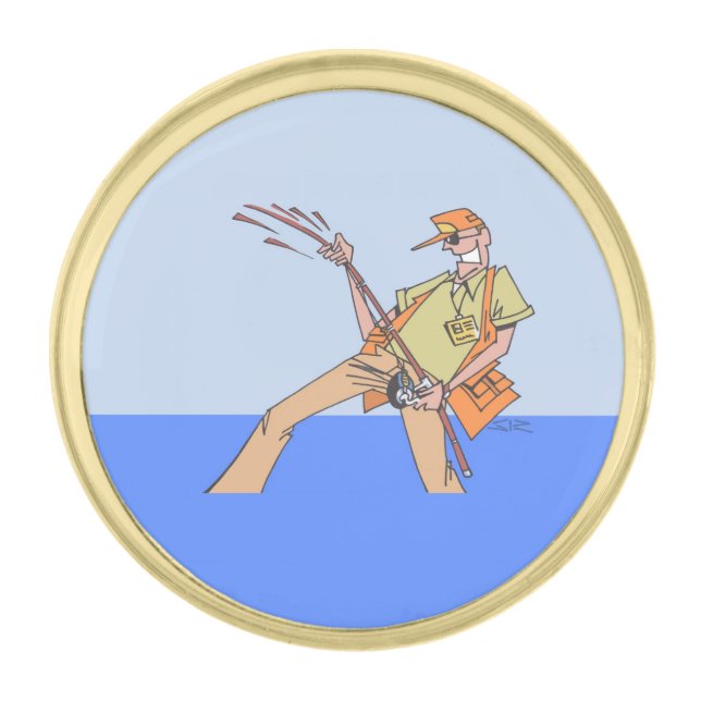 Fisherman gold round lapel pin (Front)