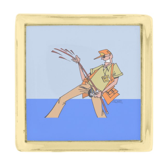 Fisherman gold small square lapel pin (Front)