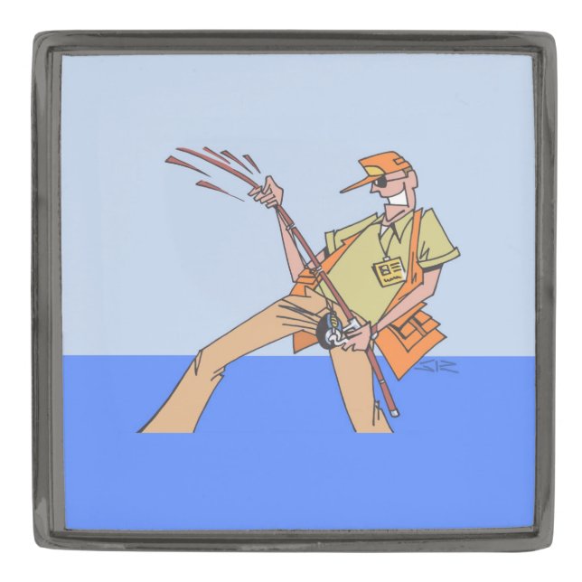 Fisherman gunmetal large square lapel pin (Front)