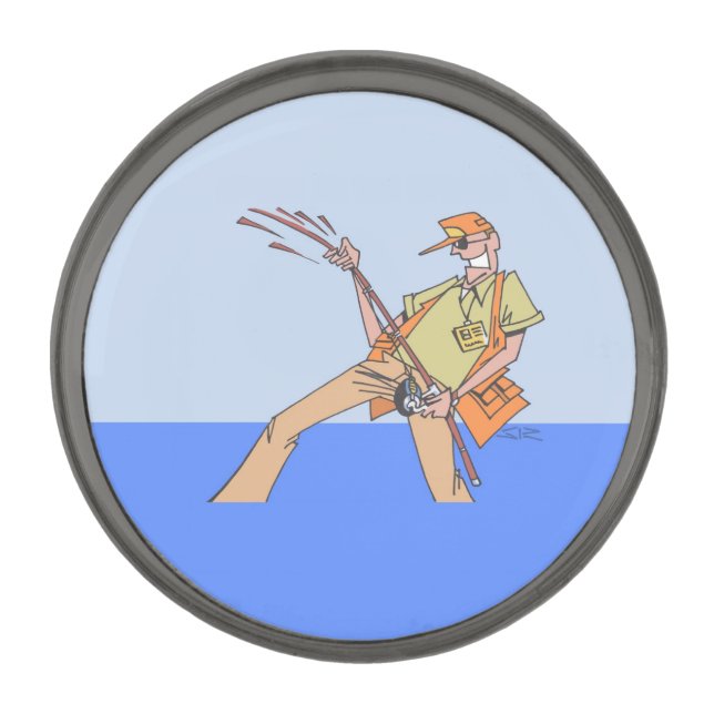 Fisherman gunmetal round lapel pin (Front)