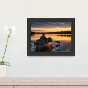Fisherman in a wooden rowboat framed art