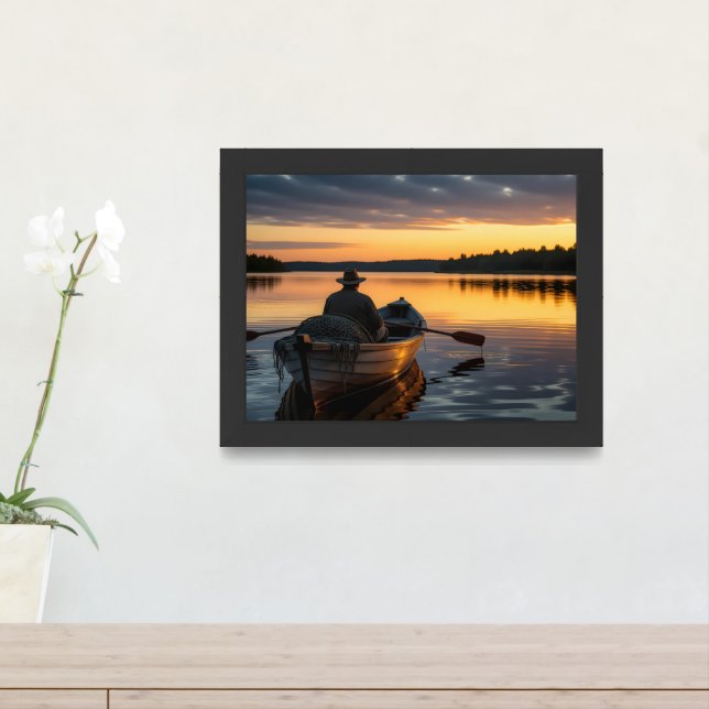 Fisherman in a wooden rowboat framed art (Entryway)