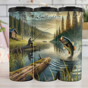Fisherman Leaping Bass Misty Lake Thermal Tumbler
