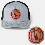 Fisherman Leather Patch Hat<br><div class="desc">Show your passion for the water with this premium trucker hat featuring a genuine leather patch and a striking silhouette of an angler mid-cast. The circular badge blends clean outdoor aesthetics with classic leather craftsmanship, displaying a name across the top and a tagline below to represent your waters, your crew,...</div>