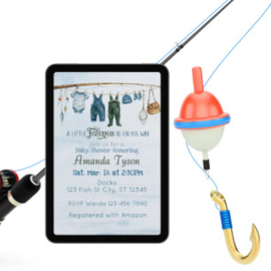 Fisherman On His Way, Watercolor Blue Baby Shower Invitation