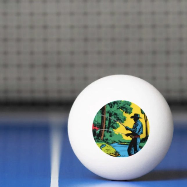 Fisherman on Riverbank  Ping Pong Ball  (Retro Cowboy Fishing Riverside Scene ping pong ball. 3-star balls  ITTF's competition specifications)