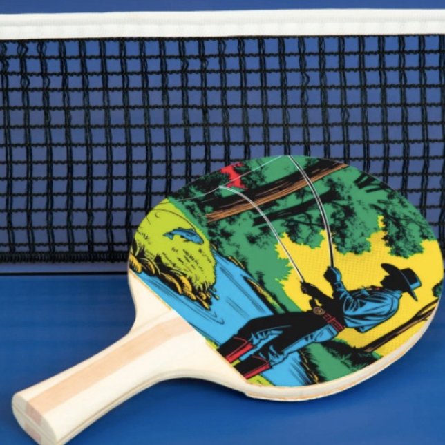 Fisherman on Riverbank Ping Pong Paddle (Retro Cowboy Fishing Riverside Scene ergonomic handle. Paddle core constructed with quality laminate)